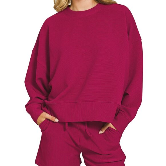 Zenana Ribbed Round Neck Pullover and Shorts Set - Picture 1 of 3